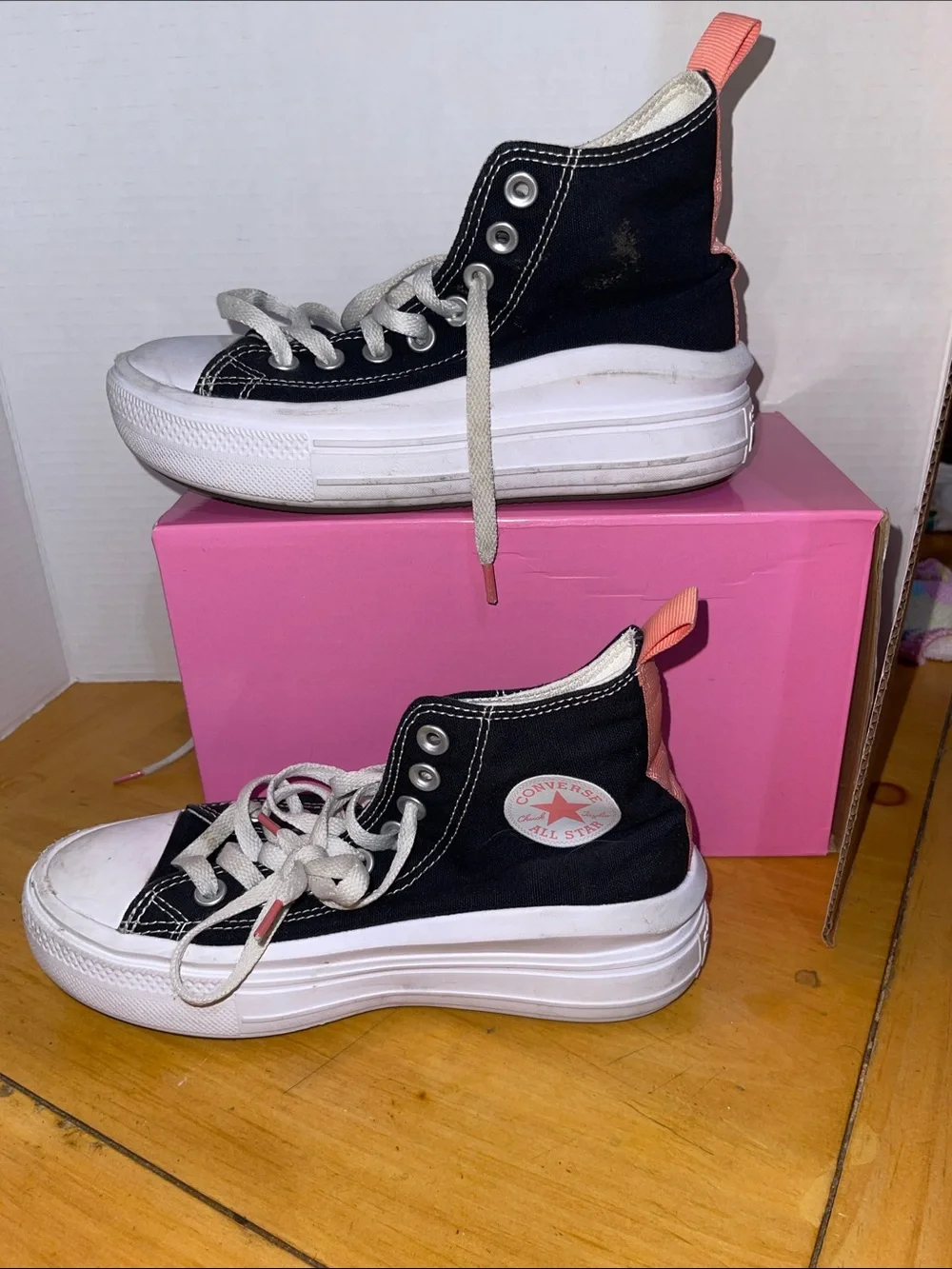 Converse Black High Top Platform Sneakers with Pink Heel Tab